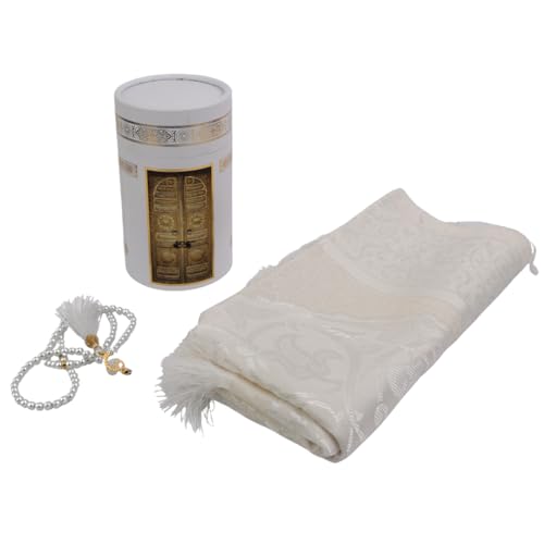 Taffeta Muslim Prayer Rug Set, White Kaaba Door Gift Box | Lightweight Taffeta Fabric, Elegant Cylinder Gift Box, Pearl Prayer Beads, Islamic Janamaz Sajada, Eid Ramadan Gift - color: White/Cylinder Gift Box