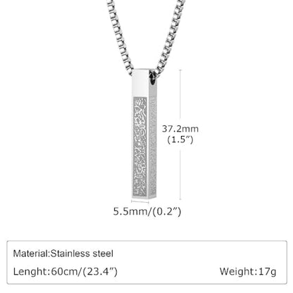 Ayatul Kursi Vertical Pendant Necklace Stainless Steel 3D Bar Allah Necklace for Men Women Islamic Quran Prayer Talisman Islamic Jewelry Islam Eid Ramadan Gift - color: Silver 3D bar necklace