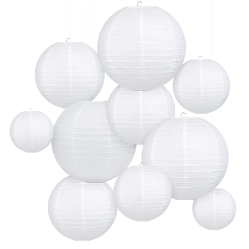 LIHAO 10 Pcs White Paper Lanterns 6 8 10 12 Inch, Chinese Hanging Lamps | decorative white lanterns, round paper lamp decoration, wedding party crafts, DIY Crafts - color: White