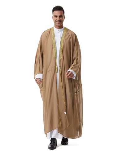 IWEMEK Mens Kaftan Thobe Muslim Thobe Ramadan Abaya Prayer Dress Chiffon Open Front Embroidered Cardigan Dubai Islam Kimono - color: Brown, size: Medium