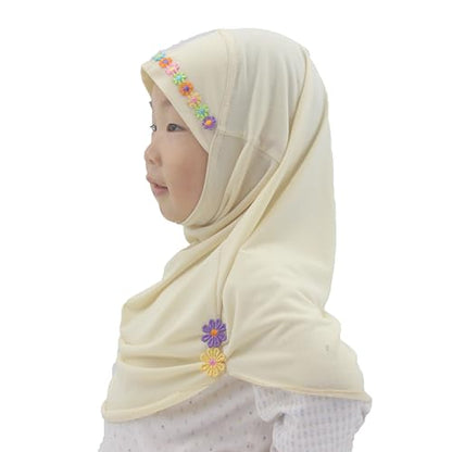 Girls Instant Hijab – Soft Kids Muslim Scarf with Flower, Breathable One-Piece Headscarf for Toddlers Age 2-8 - color: Small Flower-cream
