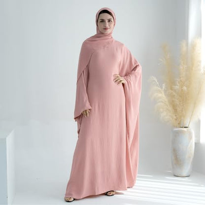 ODIZLI Abayas 여성용 무슬림 두바이 풀 커버 카프탄 셔츠 드레스 배트윙 슬리브 히잡 기도 드레스 - color: 핑크 + 히잡, size: 단일 사이즈