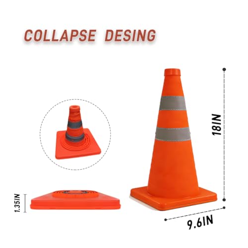 18 Inch,4 Pack, Collapsible Traffic Safety Cones, Pop up cones,Orange, Reflective Collar, for Road Safety, Driving Training, Parking Lots (4)