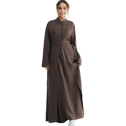 Lenmipot Elegant Middle Eastern Abaya 2pcs Stand Collar Maxi Dress for Women Muslim Jilbab Kaftan Eid Dubai Abaya Outfits - color: Mochaa, size: Large