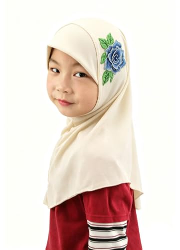 Girls Hijab Scarf Soft Headwrap with Floral Applique, One-Piece for Active Kids, Ideal for School & Daily Wear - color: Cream