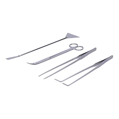 4 in 1 Aquarium Tools Kit, Aluminum Alloy Aquascaping Tool Set with Straight and Curved Tweezers, Spatula, Scissors for Fish Tank Plant Cleaning and Substrate