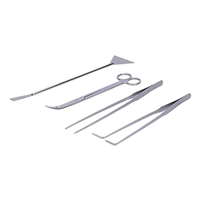 4 in 1 Aquarium Tools Kit, Aluminum Alloy Aquascaping Tool Set with Straight and Curved Tweezers, Spatula, Scissors for Fish Tank Plant Cleaning and Substrate