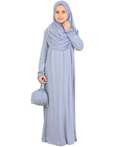 Prien Kids Muslim Prayer Dress With Hijab & Pouch, Soft Viscose Abaya For Girls, Islamic Clothes, Robe For Eid, Ramadan - color: Grey