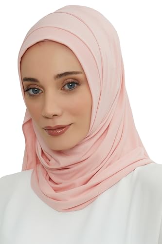 Aisha's Design Jersey Shawl for Women Instant 95% Cotton Modesty Turban Cap Hat Head Wrap Cotton Scarf - color: Powder