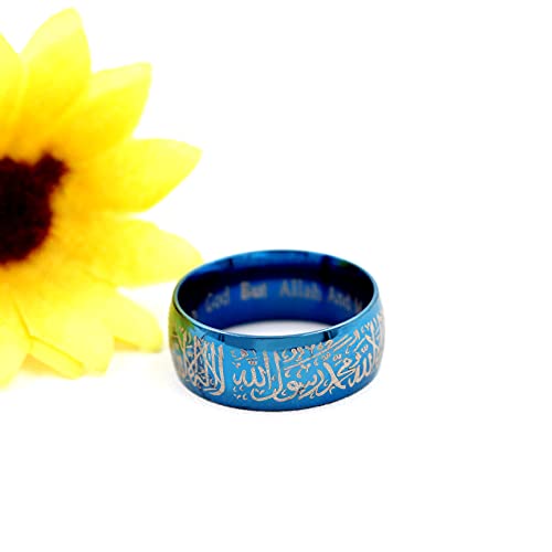 Uloveido Muslim Mohammad Arabic Letter Shahada Rings Gold Color Stainless Steel 8mm Wide Band Religious Allah Rings for Men and Women Y543 - color: Blue