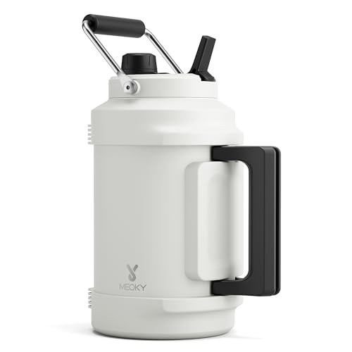 1 Gallon Insulated Water Bottle for Sports: Meoky 128 oz Triple Wall Vacuum Stainless Steel Water Jug - Top and Side Handles, Cold for 48 Hrs, 2-in-1 Straw and Spout Lid, Leak Proof for Hiking (Ivory) - color: Ivory, size: 128 Ounces