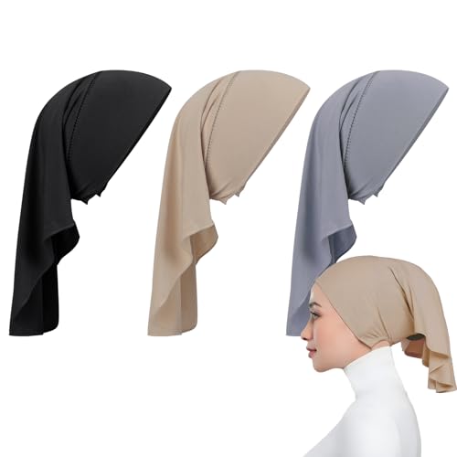 3Pcs Underscarf Hijab Cap Undercap Hijab Tube under Hijab Cap Under Cap for Women Hijab Underscarf Cap Dreadlocks Tube, Black + Gray + Beige