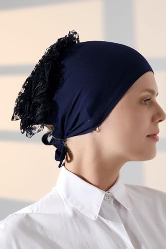 ihvan online Hijab Cap, Head Scarf Beanie, Volumizing Non Slip Head Wraps for Women, Hijab Undercap with Tie-Back Closure - color: Navy Blue