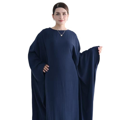 Abaya 무슬림 여성용 드레스 배트윙 슬리브 루즈핏 맥시 겸손한 이슬람 의류 히잡 스카프 포함 기도 드레스 - color: 네이비