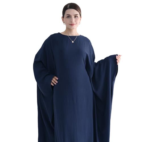 Abaya Muslim Women Dress Batwing Sleeve Loose Maxi Modest Islamic Clothes Prayer Dress with Hijab Scarf - color: Navy