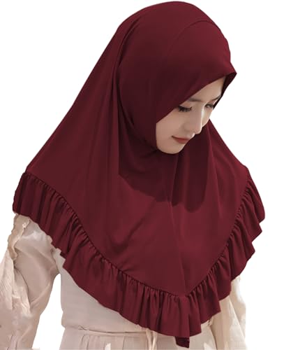 MioCloth Women One Piece Hijabs Elegant Ruffle Trim Soft Beanie Cap Turban Head Wrap Scarf Prayer Veils Headcover - color: Red