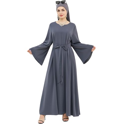 khalat Muslim Abaya Dress Women Solid Color Modest Prayer Robe Islamic Dubai Long Sleeve Lightweight Maxi Dress - color: Gray, size: Large