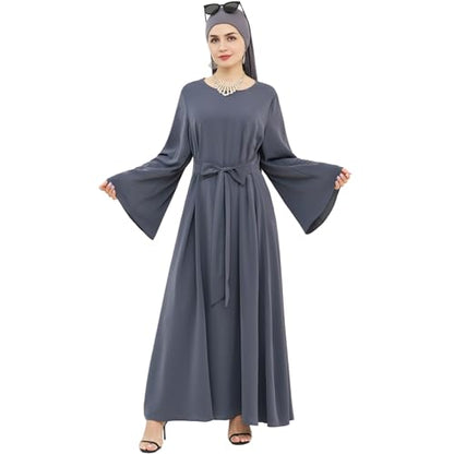 khalat Muslim Abaya Dress Women Solid Color Modest Prayer Robe Islamic Dubai Long Sleeve Lightweight Maxi Dress - color: Gray, size: Large