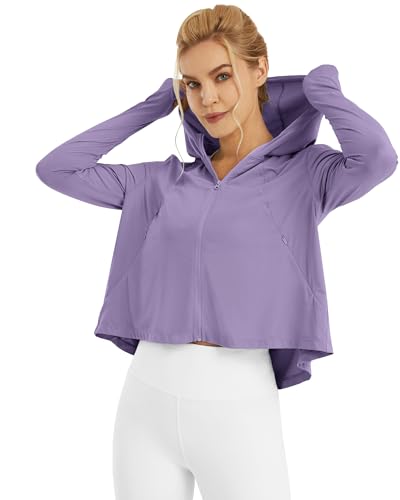 G4Free Skimetic Womens UPF 50+ Sun Hoodie Shirts - Quick Dry Running Jacket Long Sleeve Rash Guard Zip Pocket Hiking Athlete - color: Gray Purple, size: X-Small