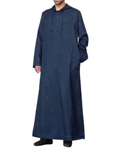 YAOHUOLE Long Sleeve Kaftan Thobe Button down Men Thobe with Pocket Big and Tall Kaftan Muslim Men Thobe - color: 02 Dark Blue, size: X-Large