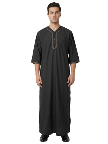 Mens Kaftan Thobe V-Neck Half Sleeve Muslim Robe Dubai Long Gown Saudi Arab Thobe Robes for Summer Beach - color: Black, size: Small