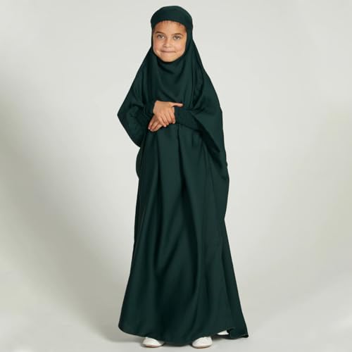 ODIZLI Muslim One Piece Prayer Hijab Dress Women Hooded Abaya Full Cover Islam Dubai Modest Robe - color: Dark Green Kids, size: 6-7 Years