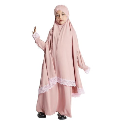 IBTOM CASTLE Little Girls Muslim Prayer Dress Abaya Long Sleeve Full Cover Lace Hijab Kaftan Dubai Islamic Modest Eid Jilbab - color: Pink, size: 11-12 Years