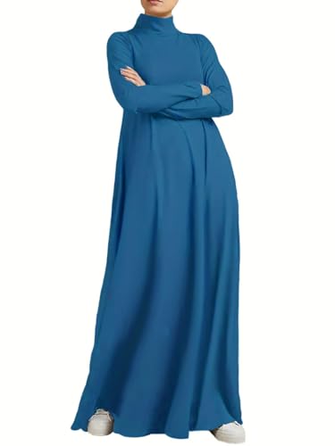 WSPLYSPJY Women Girls High Neck Long Sleeve Abaya Muslim Dress Solid Color Prayer Clothes Islamic Robe - color: Deep Blue, size: Small
