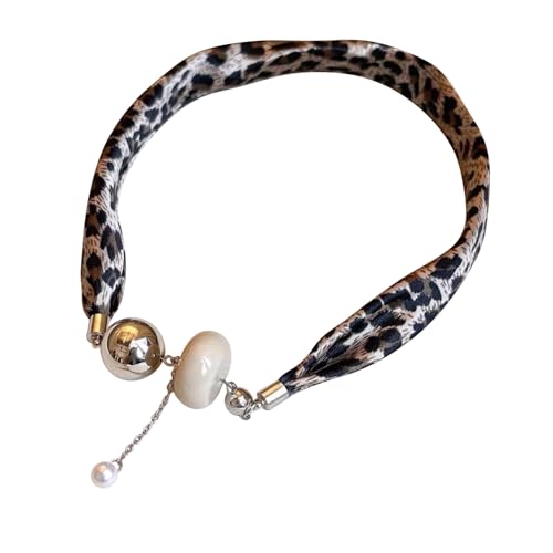 MIUPOO Magnetic Pearl Scarf,Satin Scarves for Women,Classic Printing Scarf,Elegant Neck Tie,Hair Bandanas Scarves,1 Piece. (1, brown leopard) - color: Brown Leopard