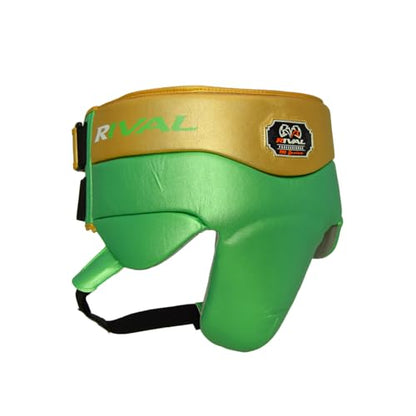 RIVAL Boxing RNFL100 Professional No-Foul Groin Protector with Dual Waist Straps, Hook and Loop Closures, Ultra-Lightweight Construction, and Super-Rich Microfibre PU - color: Green/Gold, size: Large