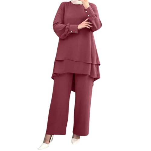 Muslim Casual 2 Piece Set For Women Long Sleeve Loose Top Wide Leg Pants Suit Plus Size Outfit Prayer Clothes - color: 1-red, size: Small