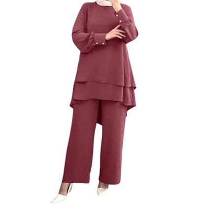 Muslim Casual 2 Piece Set For Women Long Sleeve Loose Top Wide Leg Pants Suit Plus Size Outfit Prayer Clothes - color: 1-red, size: Medium