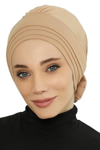 Aisha's Design Instant Turban Head Wraps for Women, Combed Cotton Scarf Lightweight Pre tied Hijab with Back Rose Detail - color: Sand Brown