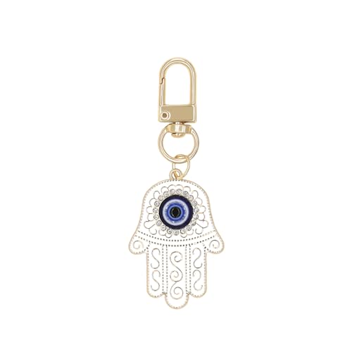 Evil Eye Keychain Hamsa Hand keychain Protection Charm for Men Women Car Key Ring Bag Purse Accessories - color: Gold White