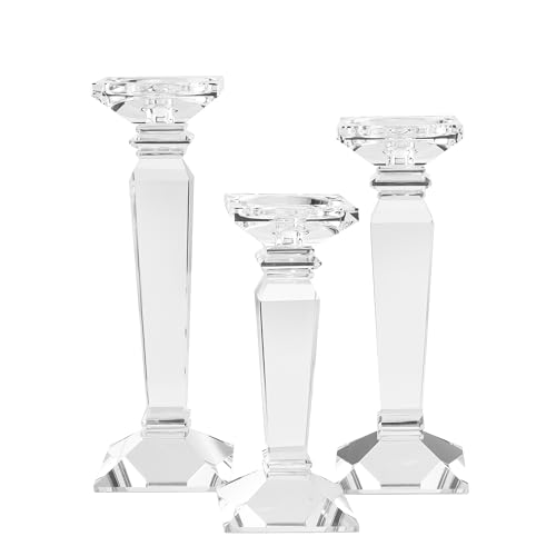 Kitcom Crystal Candlestick Holders Hand Cut Crystal Taper/Pillar Candle Holders, Table Centerpieces for Party Wedding Banquet Decorations Set of 3, Comes with Gift Box(11.6''/10.4''/9.3'' Tall)