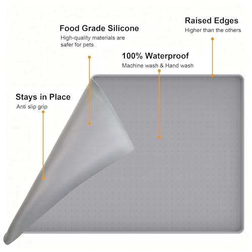 Mofason Pet Food Mat Waterproof Dog Mat 24”x16” Large – 0.5” inch Raised Edge,Pet Silicone Feeding Placemat Water Bowl Tray for Floors, Nonslip Washable Dog Mat for Food and Water