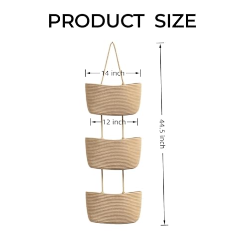 3-Tier Woven Cotton Rope Hanging Basket, Over the Door Organizer, Adjustable Detachable Wall Basket with Metal & Adhesive Hooks, No Drilling for Bedroom, Closet, Entryway & Home Decor - style: Jute