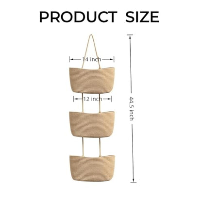 3-Tier Woven Cotton Rope Hanging Basket, Over the Door Organizer, Adjustable Detachable Wall Basket with Metal & Adhesive Hooks, No Drilling for Bedroom, Closet, Entryway & Home Decor - style: Jute