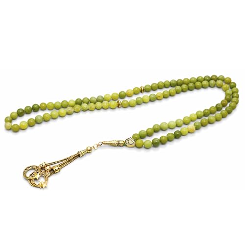 Amazing Gemstone Crystal Tasbeeh with Moon and Star Charm - Certified Crystal Muslim Prayer Beads Natural Gemstone Tasbih Gift for Ramadan Dhikr and Daily Namaz (G) - color: Green Jade