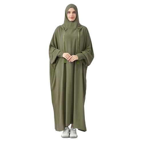 Abaya Muslim Dress Women Prayer Dress Long Sleeve Hooded Loose Maxi Dress Arabian Dubai Islamic Clothes - color: Army Green