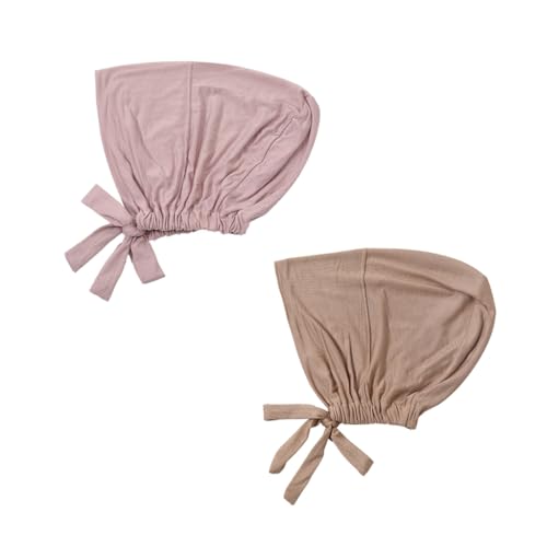 Women Under Scarf Hat Hijab Undercap Islamic Muslim Under Scarf Hijab Cap with Tie-Back Closure - color: Pink+light Khaki(2pcs)