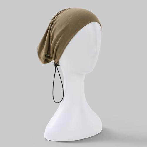 Women's Adjustable Elastic Drawstring Hijab Undercap, Soft Stretchy Jersey Underscarf Hijab Liner Hat - color: Khaki