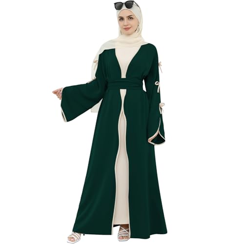 Abaya Dress for Women Muslim Bowknot Sleeves Islamic Prayer Casual Clothes Smooth Flowing Cardigan Dress - color: Dark Green, size: Small, style: Cardigan Dress