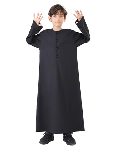 OBEEII Boy's Muslim Thobe Arab Long Sleeve Abaya Kaftan Robe Eid Ramadan Islamic Middle East Dubai Prayer Dress with Pockets - color: Black, size: 5-6 Years