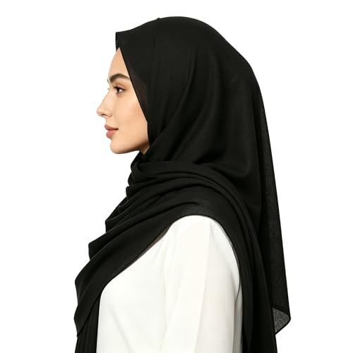Black Muslim Hijab for Women, 70% Polyester 30% Linen Headscarf, 72.83" x 31.5" Breathable Modest Shawl Wrap for Daily Ramadan
