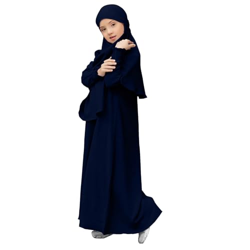 2026 Kids Toddler Girls Muslim Abaya Prayer Dress Middle Long Sleeve Arabian Dubai Robe Ramadan Clothes No headscarf - color: Dark Blue, size: 9-10 Years