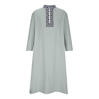 Ctreela Mens Zip V Neck Kaftan Thobe Button Down Casual Henley Shirts Long Sleeve Robe Ramadan Muslim Gown Thawb Shirts - color: Gray, size: Medium