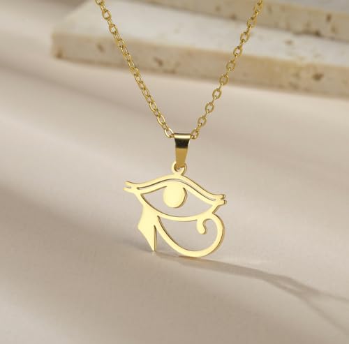 Ankh Cross Y Necklace Key of Life Eye of Horus Pendant Cartouche Long Chain Protection African Coptic Amulet Ancient Egyptian Religious Jewelry Gift for Women Men - color: Eye of Horus gold