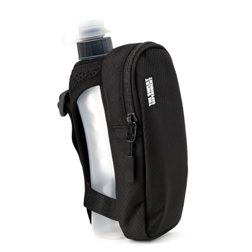 Handheld Running Water Bottle with Large Phone Holder – 12oz Grip-Free Hydration Flask with Pocket for Cards & Keys – Adjustable Strap for Walking, Running, Hiking