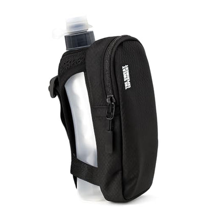 Handheld Running Water Bottle with Large Phone Holder – 12oz Grip-Free Hydration Flask with Pocket for Cards & Keys – Adjustable Strap for Walking, Running, Hiking